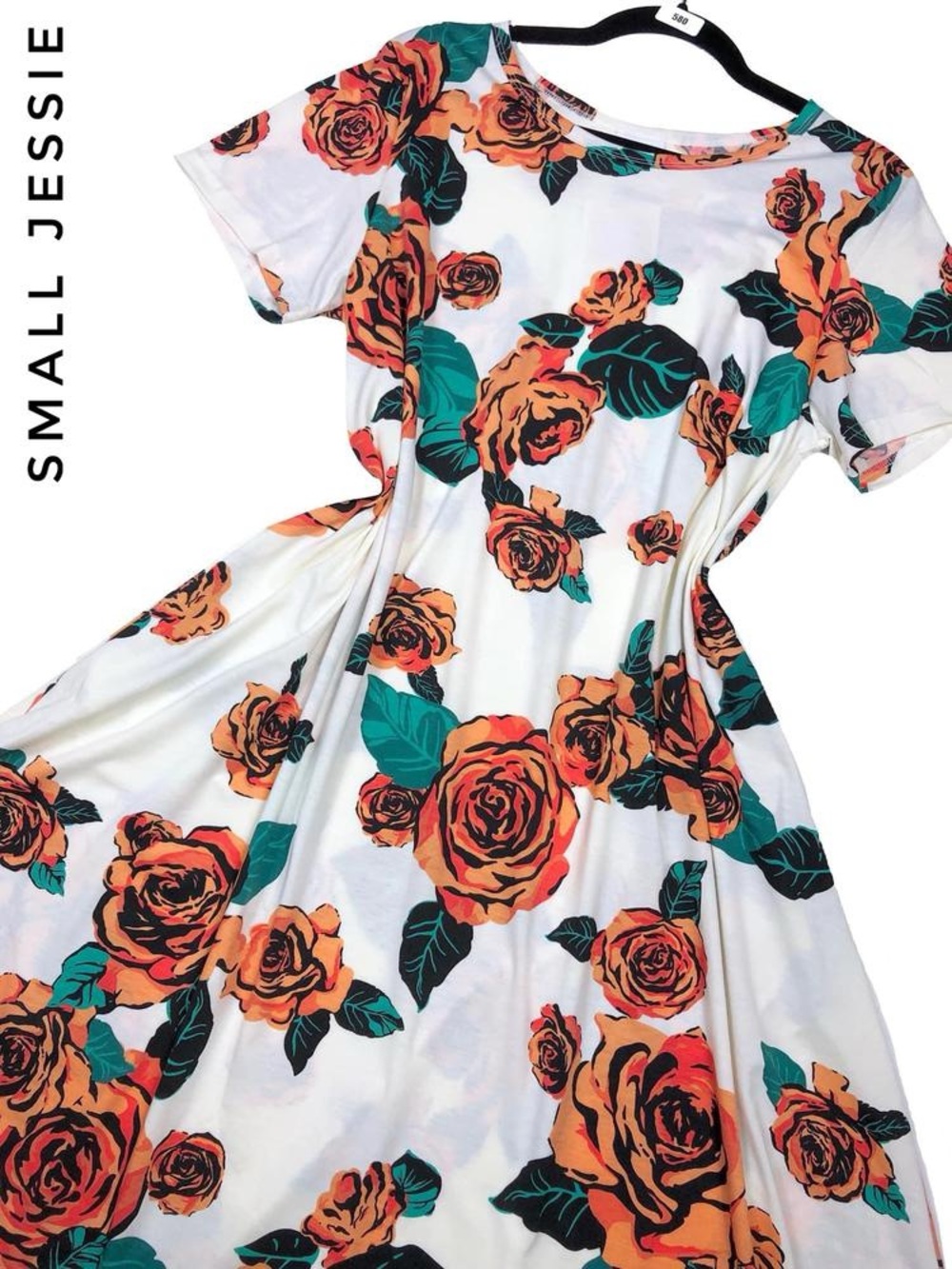 LuLaRoe Jessie White Dress with Orange Rose and Teal Leaf Print